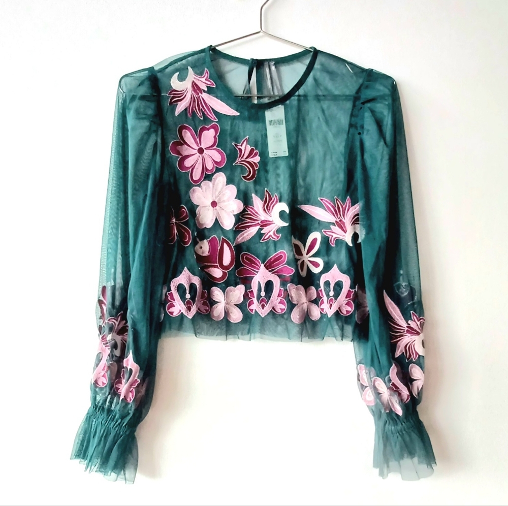 Anthropohie Dark Turquoise Long-Sleeve Embroidered Floral Mesh Top Blouse